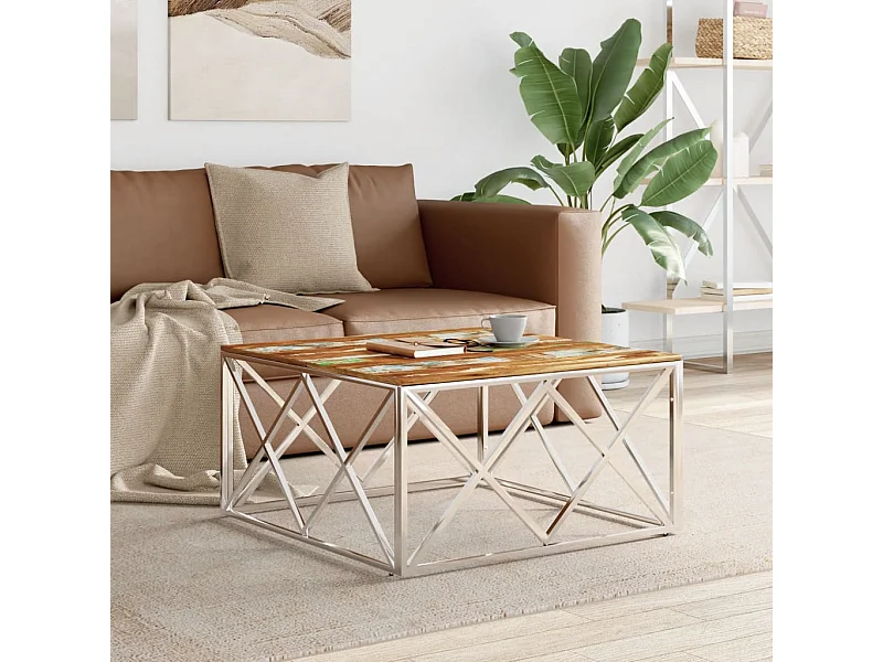 Couchtisch Beistelltisch Silbern Edelstahl und Altholz Massiv -MN90466