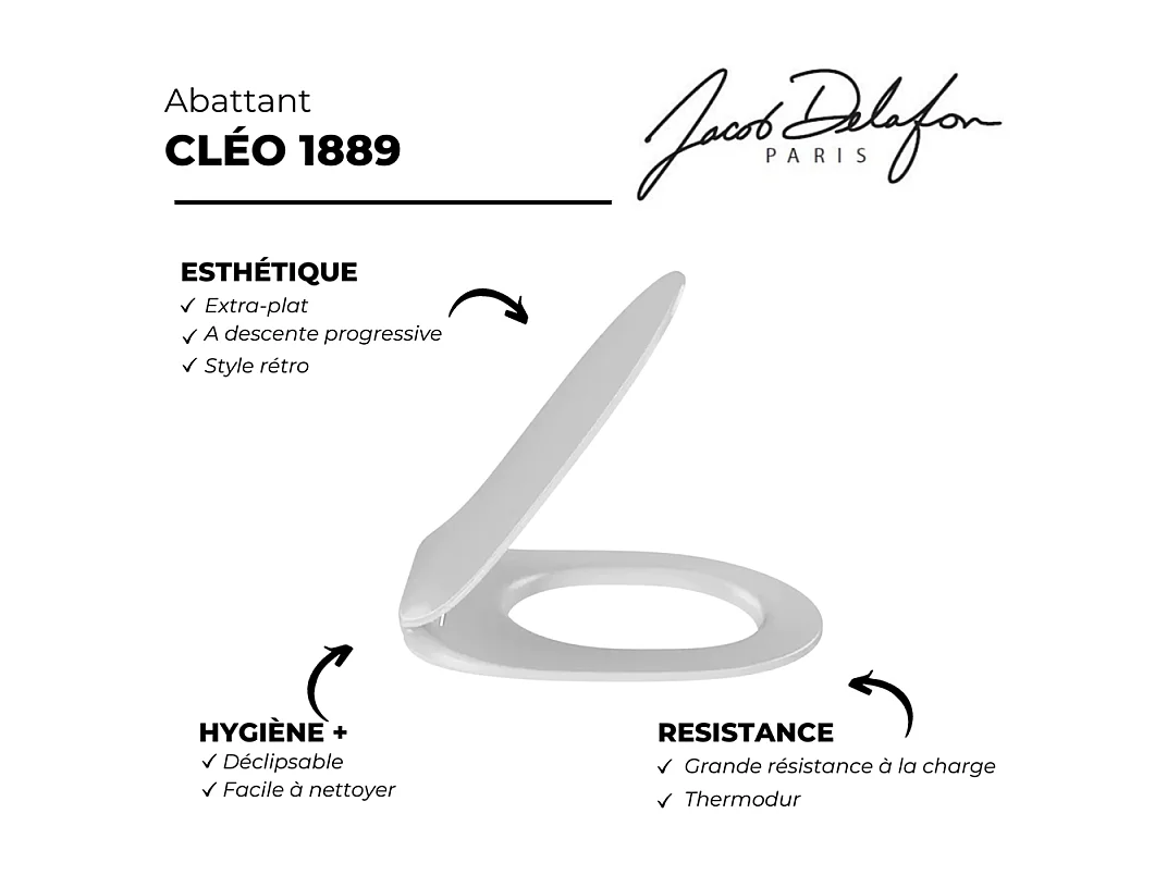 Abattant WC extra-plat JACOB DELAFON Cléo 1889 à descente progressive et déclipsable blanc