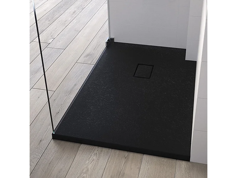 Receveur Kinesurf Pietra découpable 180x80 noir aspect pierre avec cache-bonde assorti et bonde extra-plate