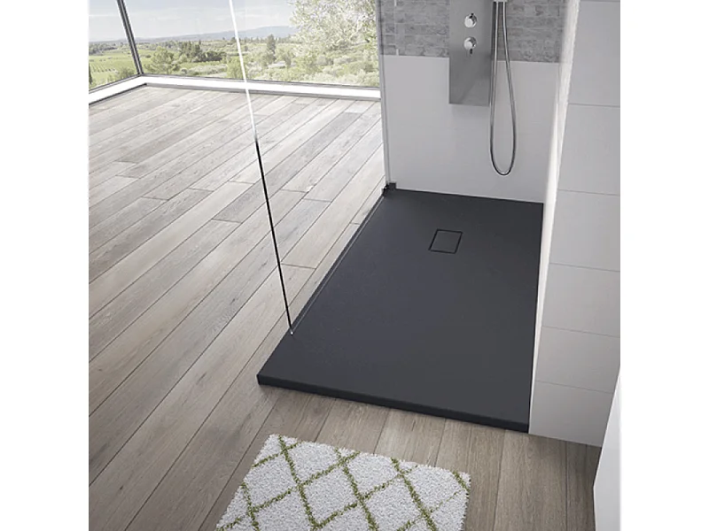 Receveur Kinesurf Pietra découpable 180x80 noir aspect pierre avec cache-bonde assorti et bonde extra-plate