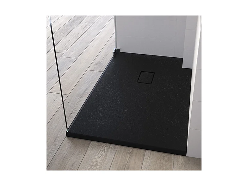 Receveur Kinesurf Pietra découpable 180x80 noir aspect pierre avec cache-bonde assorti et bonde extra-plate