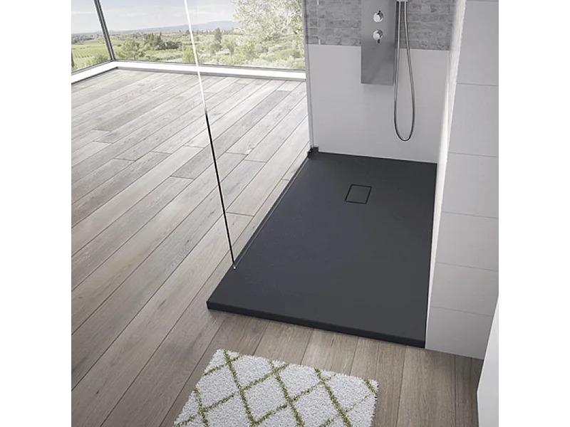 Receveur Kinesurf Pietra découpable 180x80 noir aspect pierre avec cache-bonde assorti et bonde extra-plate