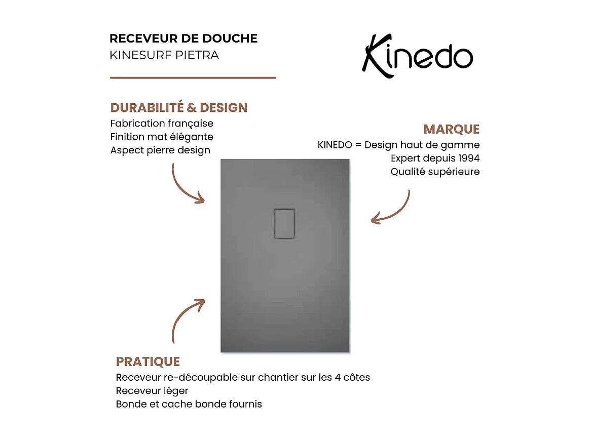 Receveur Kinesurf Pietra découpable 180x80 noir aspect pierre avec cache-bonde assorti et bonde extra-plate