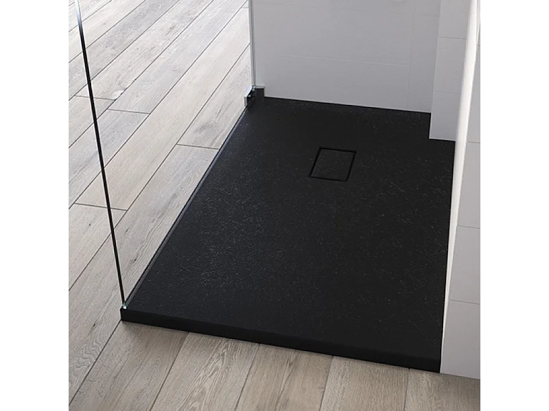 Receveur Kinesurf Pietra découpable 180x80 noir aspect pierre avec cache-bonde assorti et bonde extra-plate