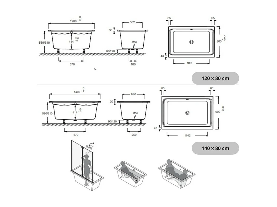 Baignoire bain douche 140 X 90 JACOB DELAFON Capsule + marche pieds