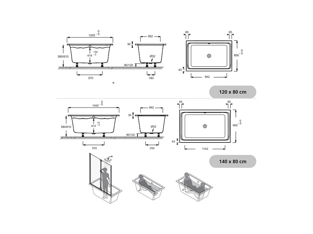 Baignoire bain douche JACOB DELAFON Capsule, compacte + pare bain en niche 140 x 90 cm