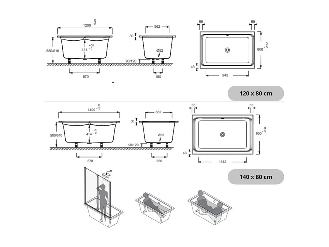 Baignoire bain douche JACOB DELAFON Capsule, compacte + pare bain en niche 140 x 90 cm
