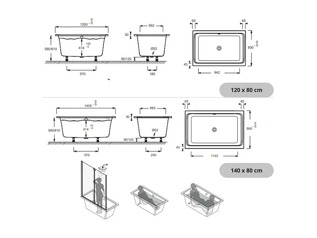 Baignoire bain douche JACOB DELAFON Capsule compacte et profonde 140 x 90 cm