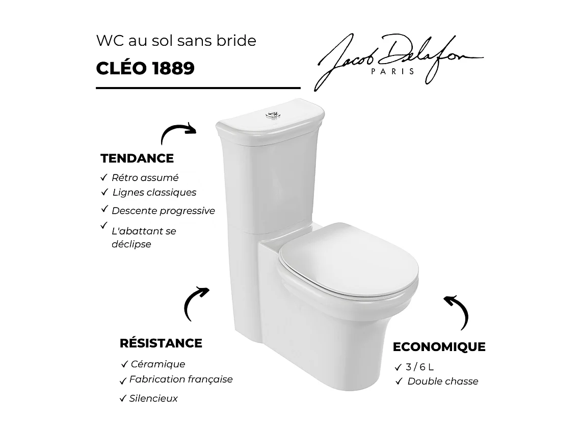 Pack WC au sol sans bride JACOB DELAFON Cléo 1889 + réservoir + abattant