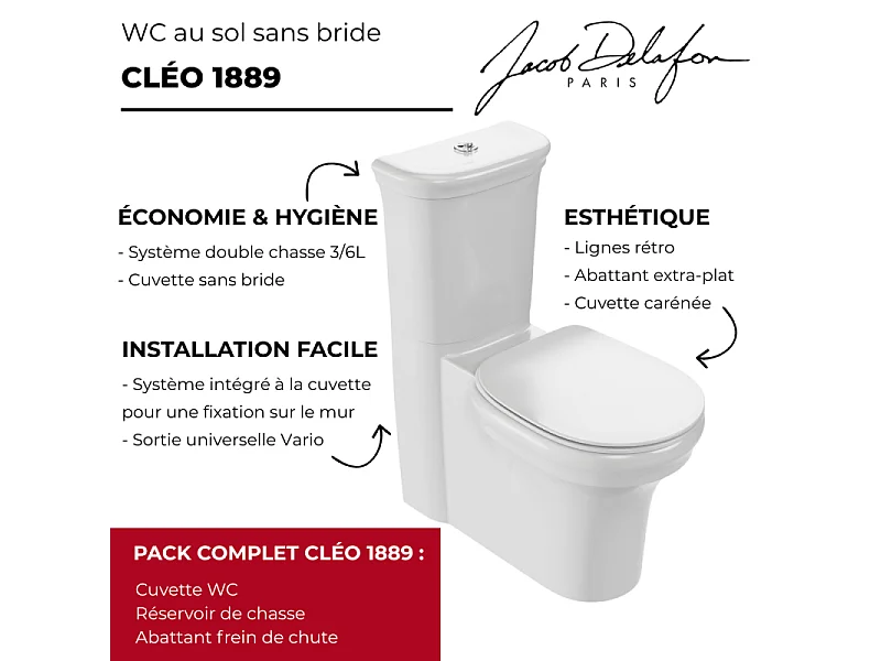 WC à poser sans bride sortie universelle JACOB DELAFON Cléo 1889 avec abattant extra-plat frein de chute