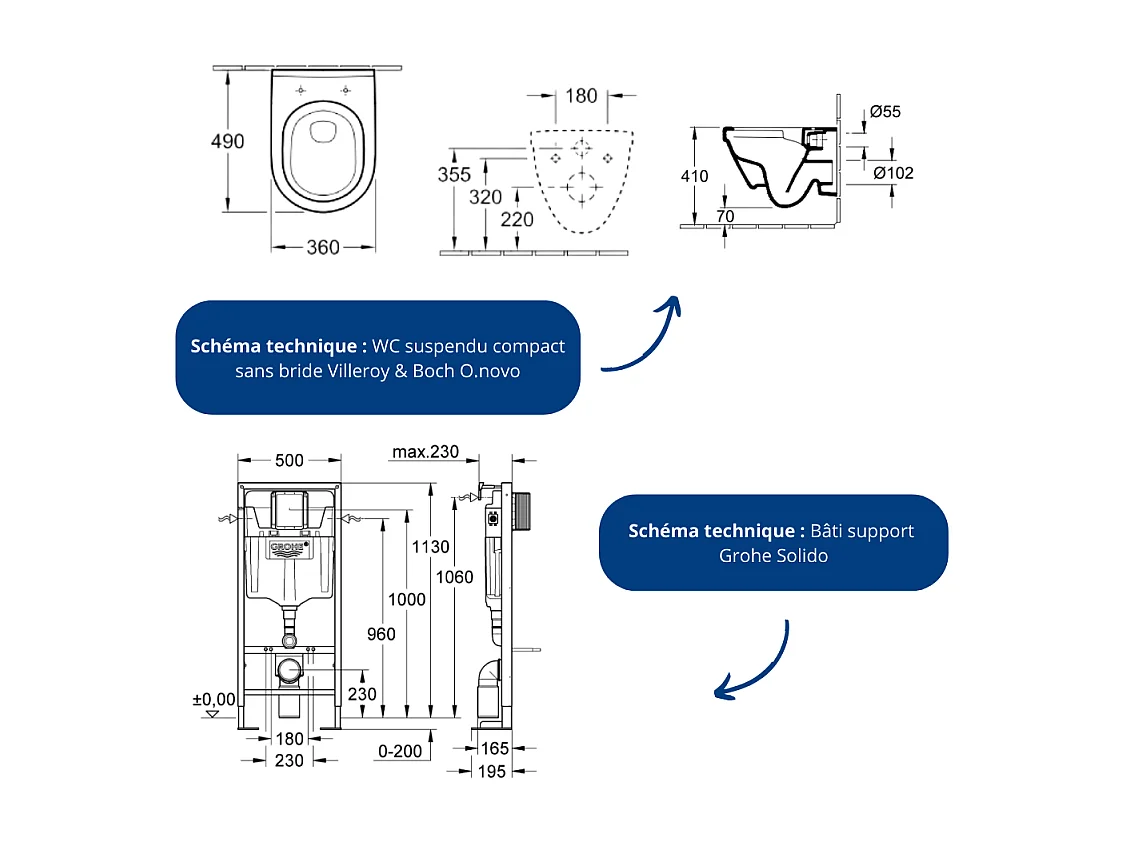 Pack WC compact VILLEROY ET BOCH O.novo avec abattant + bâti-support GROHE + plaque Chrome
