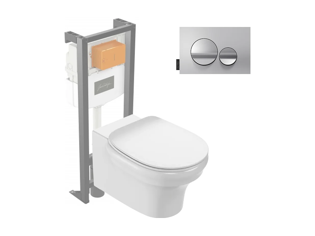 Pack WC suspendu sans bride JACOB DELAFON Cléo 1889 +  abattant + bâti-support + plaque ronde chromé