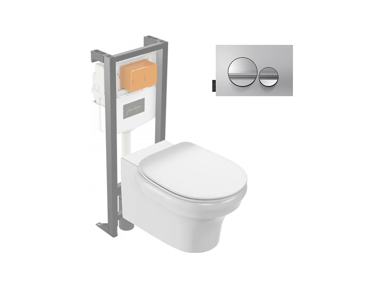 Pack WC suspendu sans bride JACOB DELAFON Cléo 1889 +  abattant + bâti-support + plaque ronde chromé