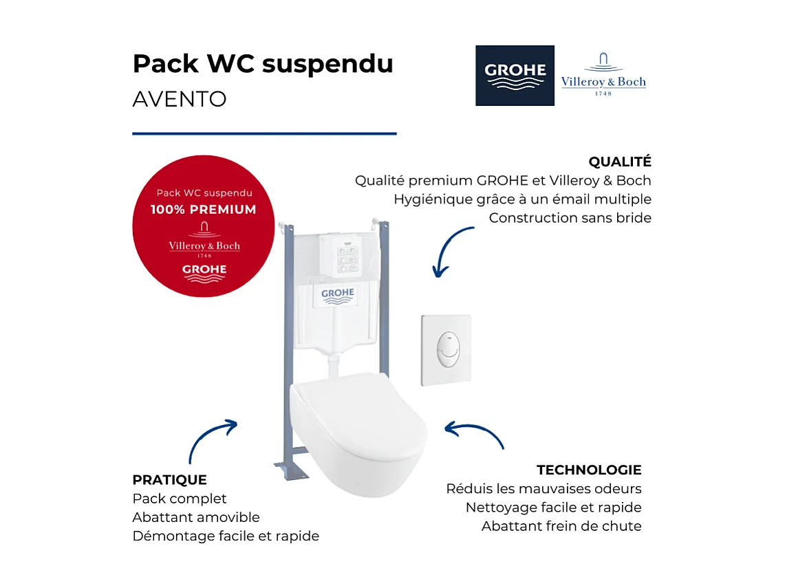 Pack WC suspendu sans bride VILLEROY ET BOCH Avento + abattant + plaque + bâti