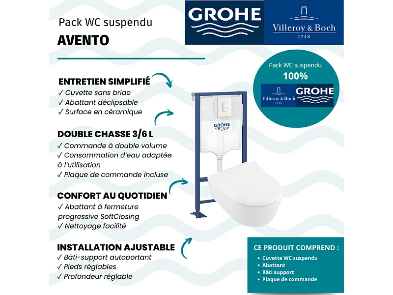 Pack WC suspendu sans bride VILLEROY ET BOCH Avento + abattant + bâti-support autoportant + plaque blanche