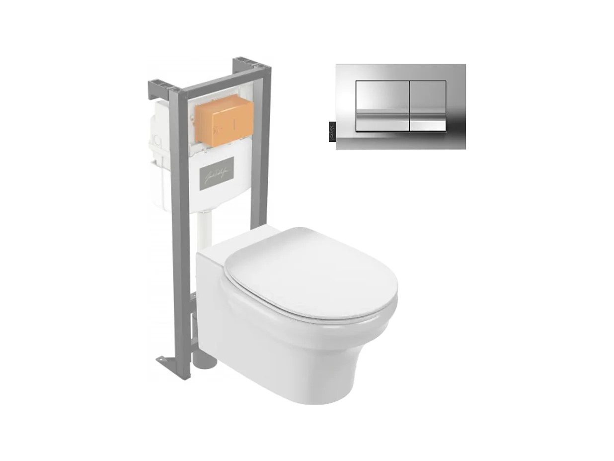 Pack WC suspendu sans bride JACOB DELAFON Cléo 1889 +  abattant + bâti-support + plaque rectangle chromé