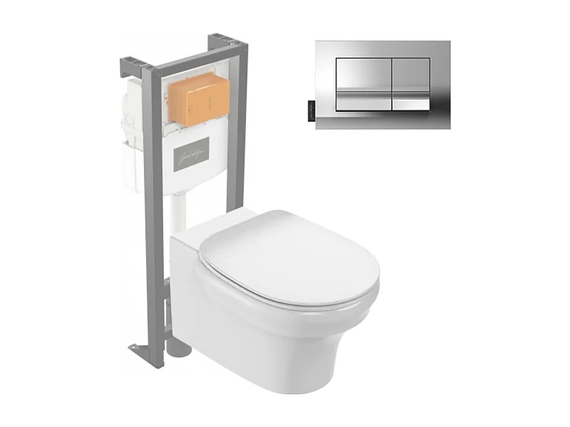 Pack WC suspendu sans bride JACOB DELAFON Cléo 1889 +  abattant + bâti-support + plaque rectangle chromé