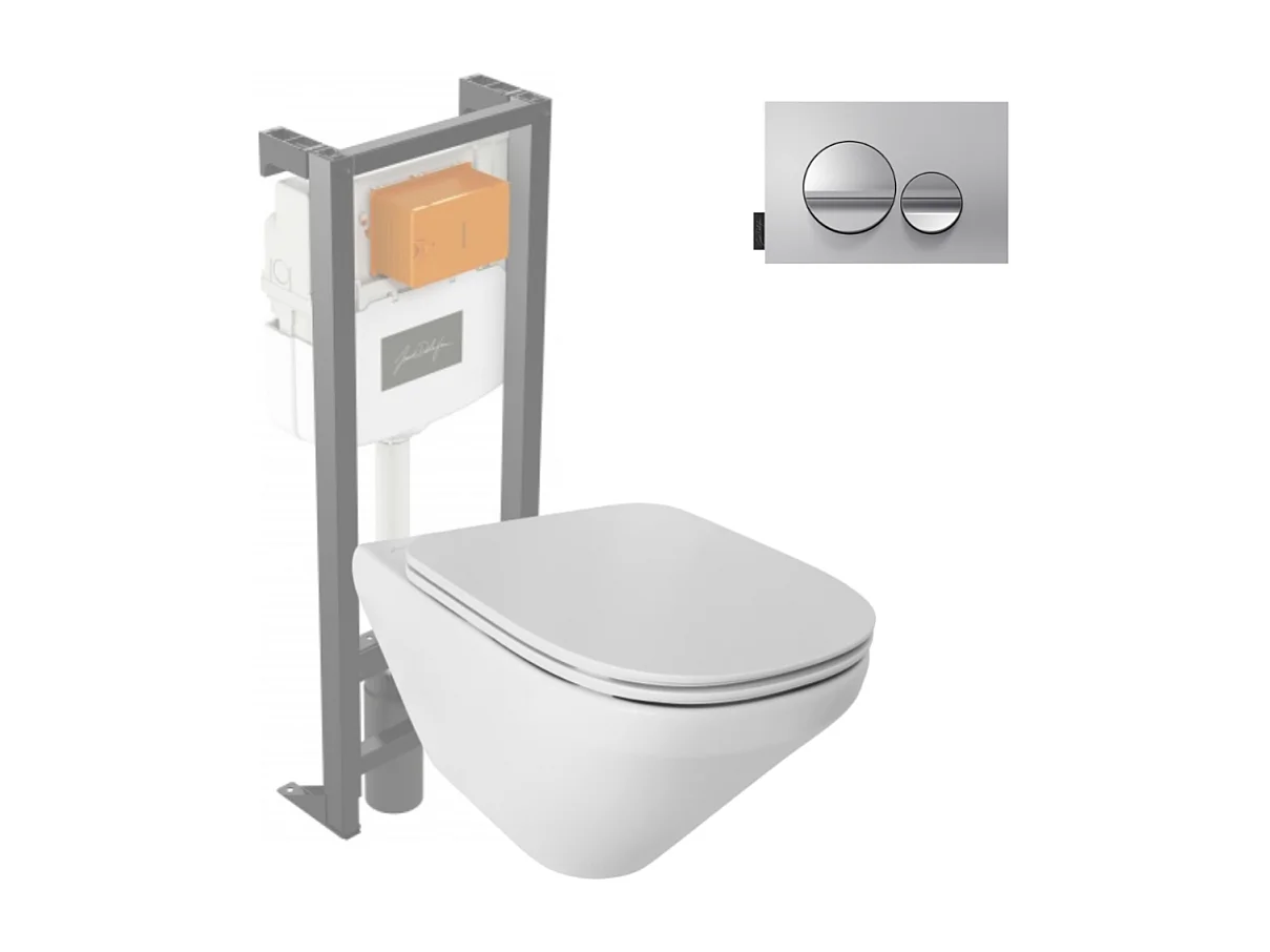 Pack WC suspendu sans bride JACOB DELAFON Modern Life + abattant + bâti-support + plaque ronde chromé