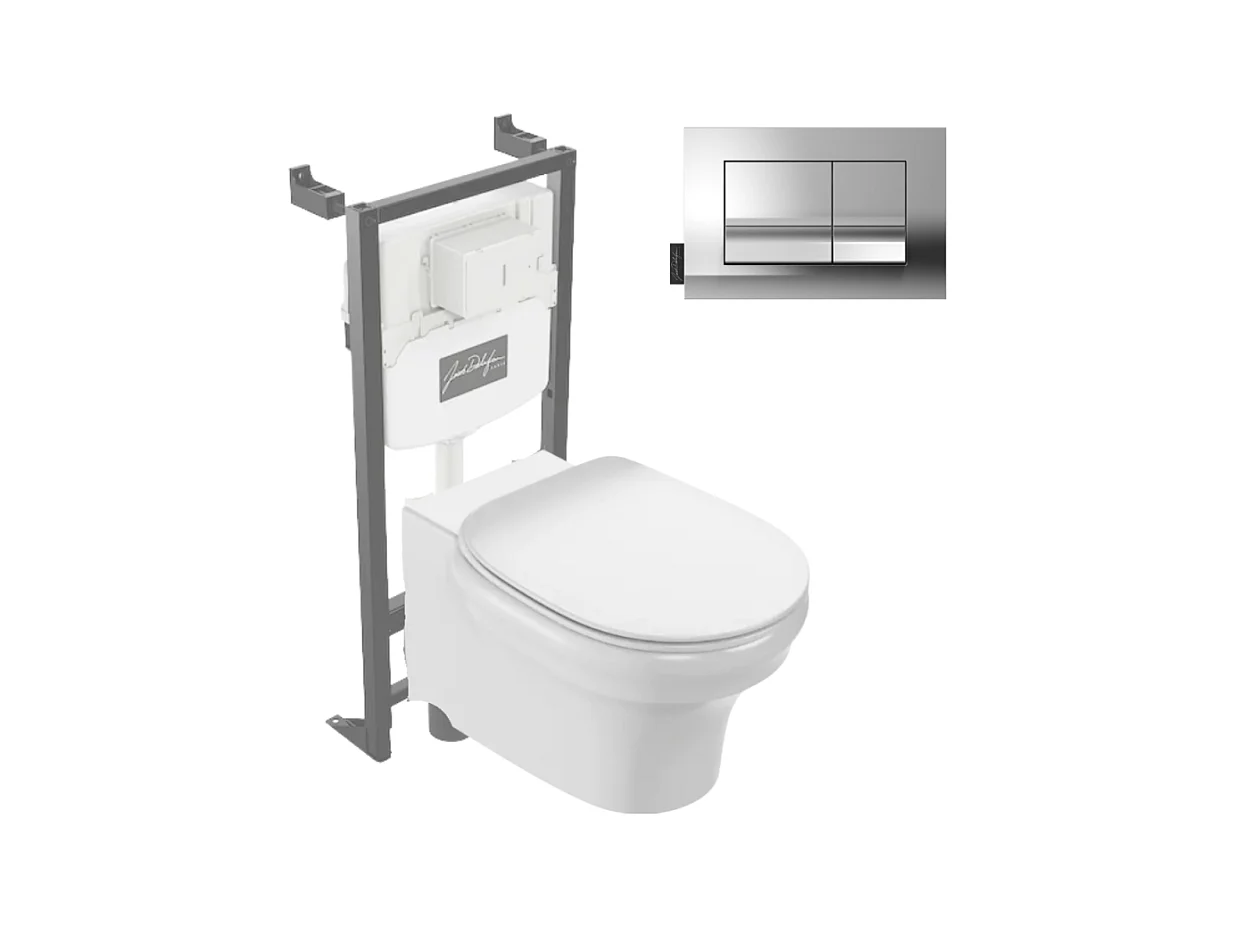 Pack WC suspendu sans bride à économie d'eau JACOB DELAFON Cléo 1889 +  abattant + bâti-support + plaque rectangle chromé