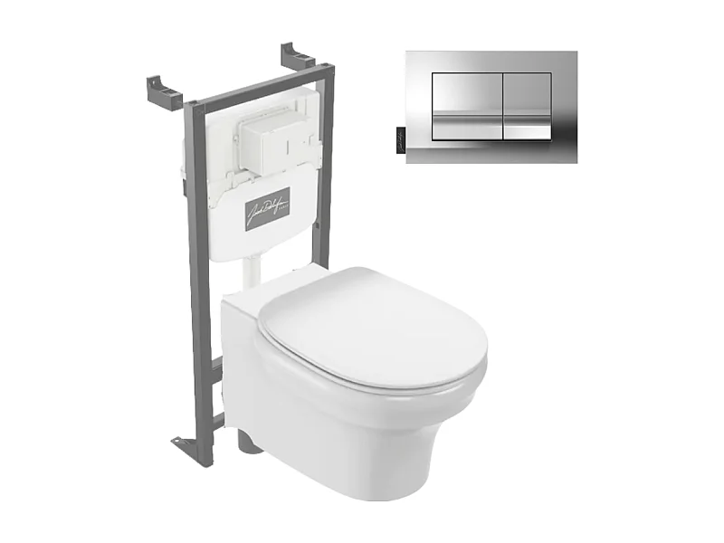 Pack WC suspendu sans bride à économie d'eau JACOB DELAFON Cléo 1889 +  abattant + bâti-support + plaque rectangle chromé