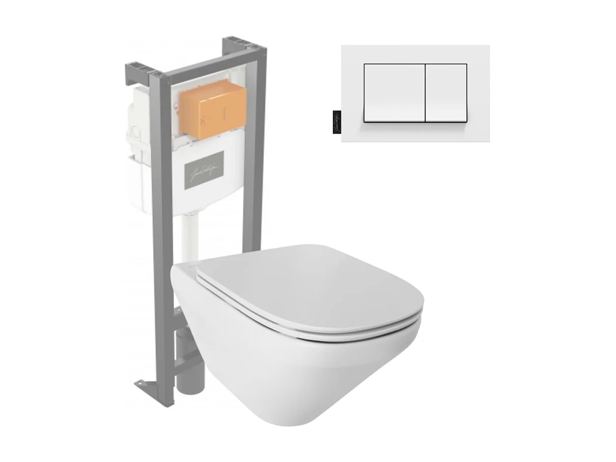 Pack WC suspendu sans bride JACOB DELAFON Modern Life + abattant + bâti-support + plaque rectangle blanche