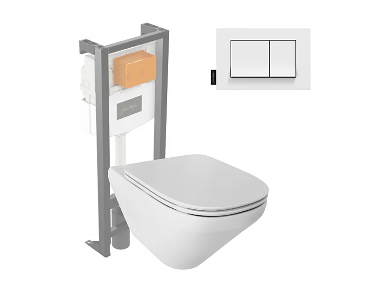 Pack WC suspendu sans bride JACOB DELAFON Modern Life + abattant + bâti-support + plaque rectangle blanche