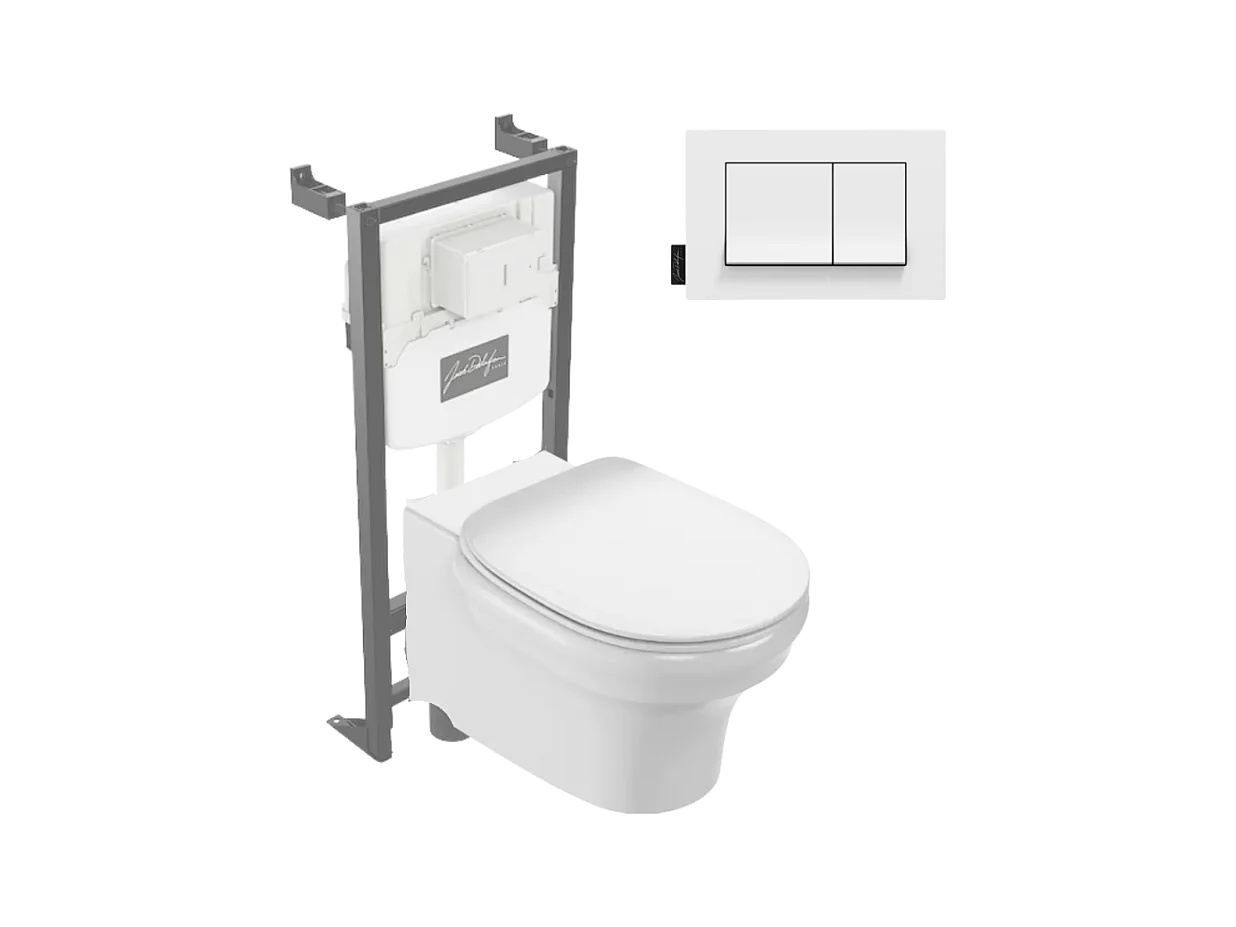 Pack WC suspendu sans bride à économie d'eau JACOB DELAFON Cléo 1889 +  abattant + bâti-support + plaque rectangle blanche