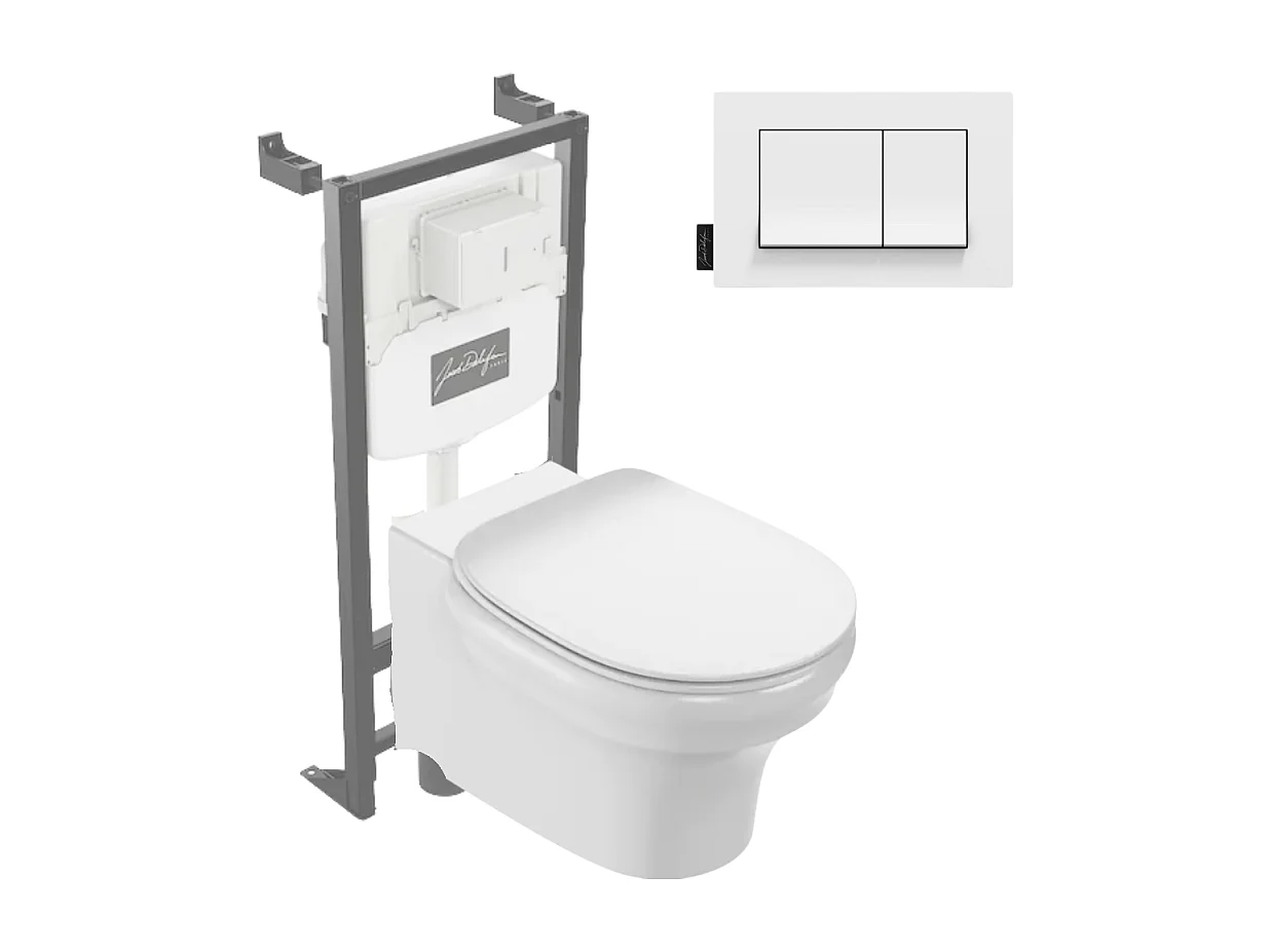 Pack WC suspendu sans bride à économie d'eau JACOB DELAFON Cléo 1889 +  abattant + bâti-support + plaque rectangle blanche