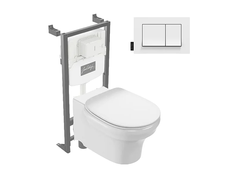 Pack WC suspendu sans bride à économie d'eau JACOB DELAFON Cléo 1889 +  abattant + bâti-support + plaque rectangle blanche