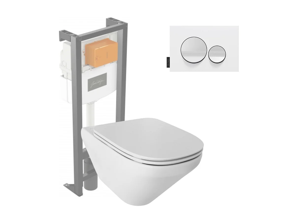 Pack WC suspendu sans bride JACOB DELAFON Modern Life + abattant + bâti-support + plaque ronde blanche