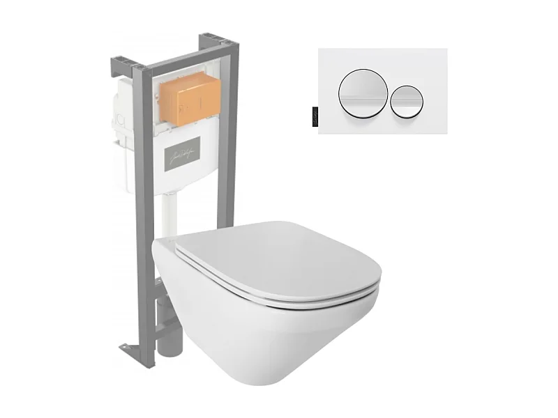 Pack WC suspendu sans bride JACOB DELAFON Modern Life + abattant + bâti-support + plaque ronde blanche