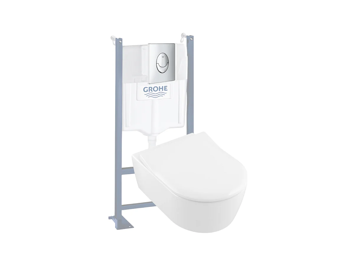 Pack WC suspendu sans bride VILLEROY ET BOCH Avento + abattant + plaque chromée + bâti Grohe
