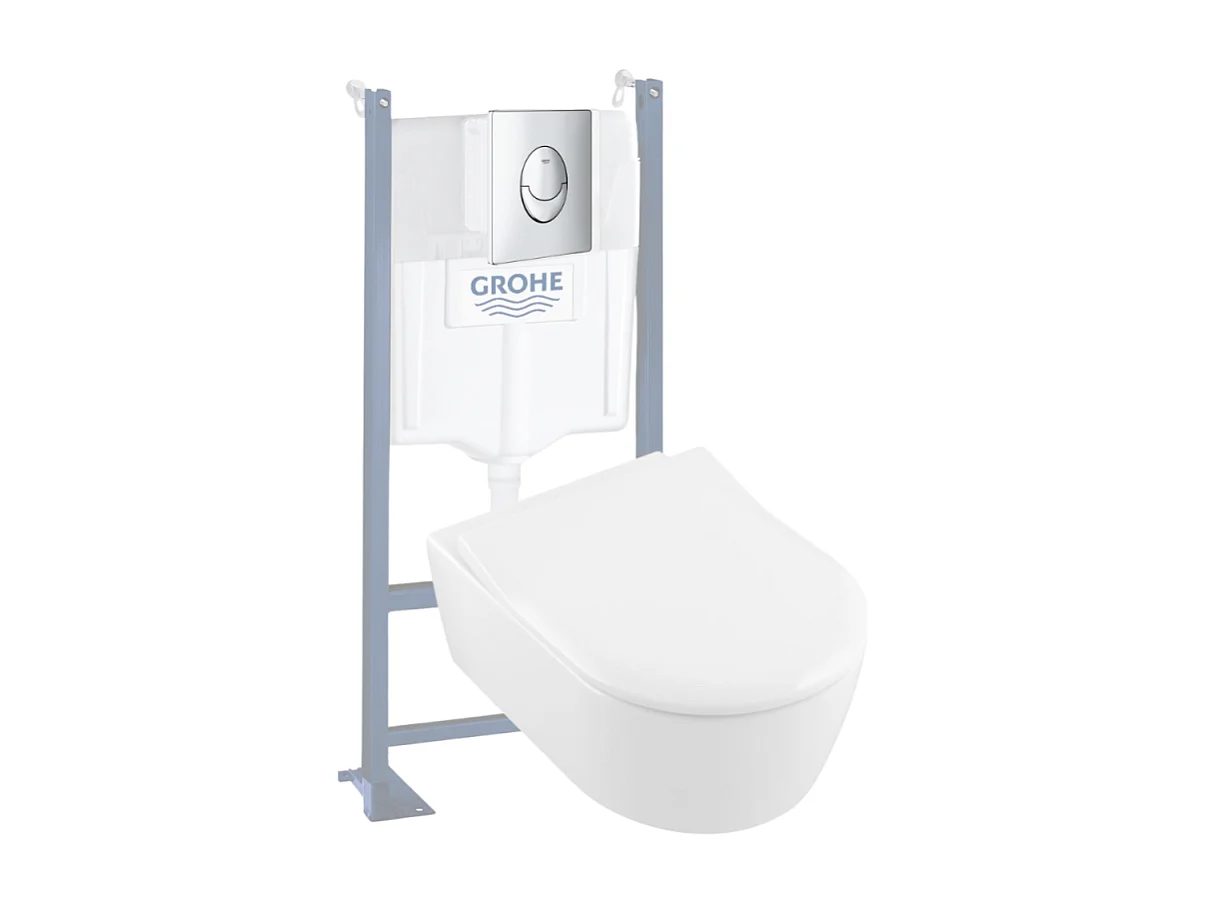 Pack WC suspendu sans bride VILLEROY ET BOCH Avento + abattant + plaque chromée + bâti Grohe