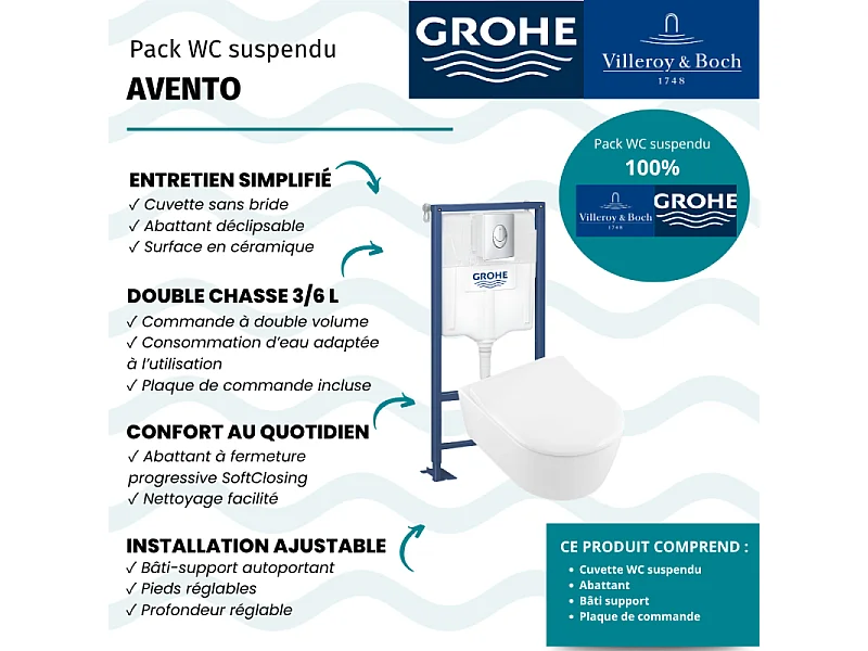 Pack WC suspendu sans bride VILLEROY ET BOCH Avento + abattant + bâti-support autoportant + plaque chromée