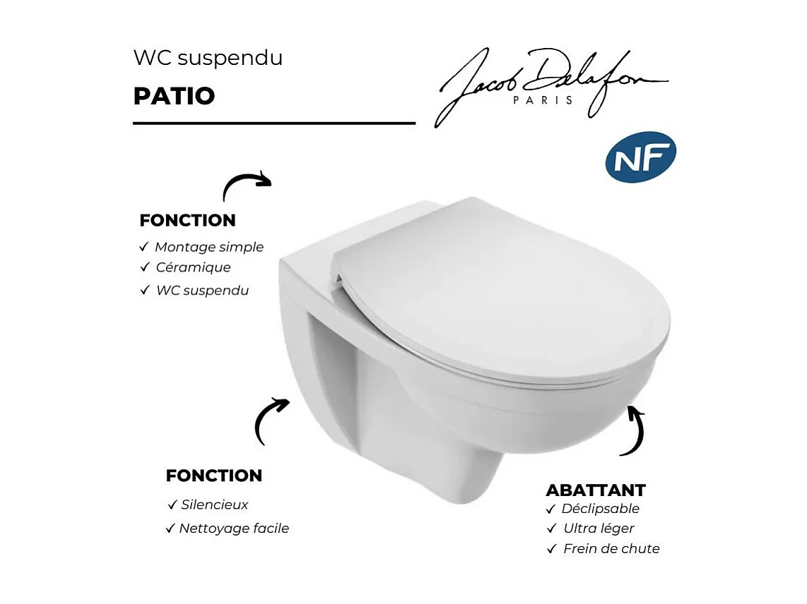 WC suspendu sans bride JACOB DELAFON Patio + abattant extra plat