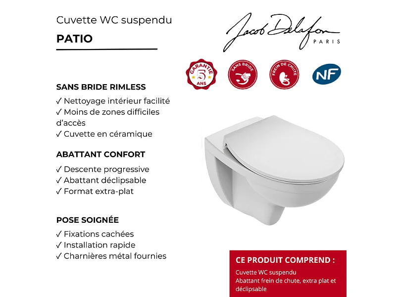 Cuvette WC suspendu sans bride JACOB DELAFON Patio avec abattant extra-plat déclipsable