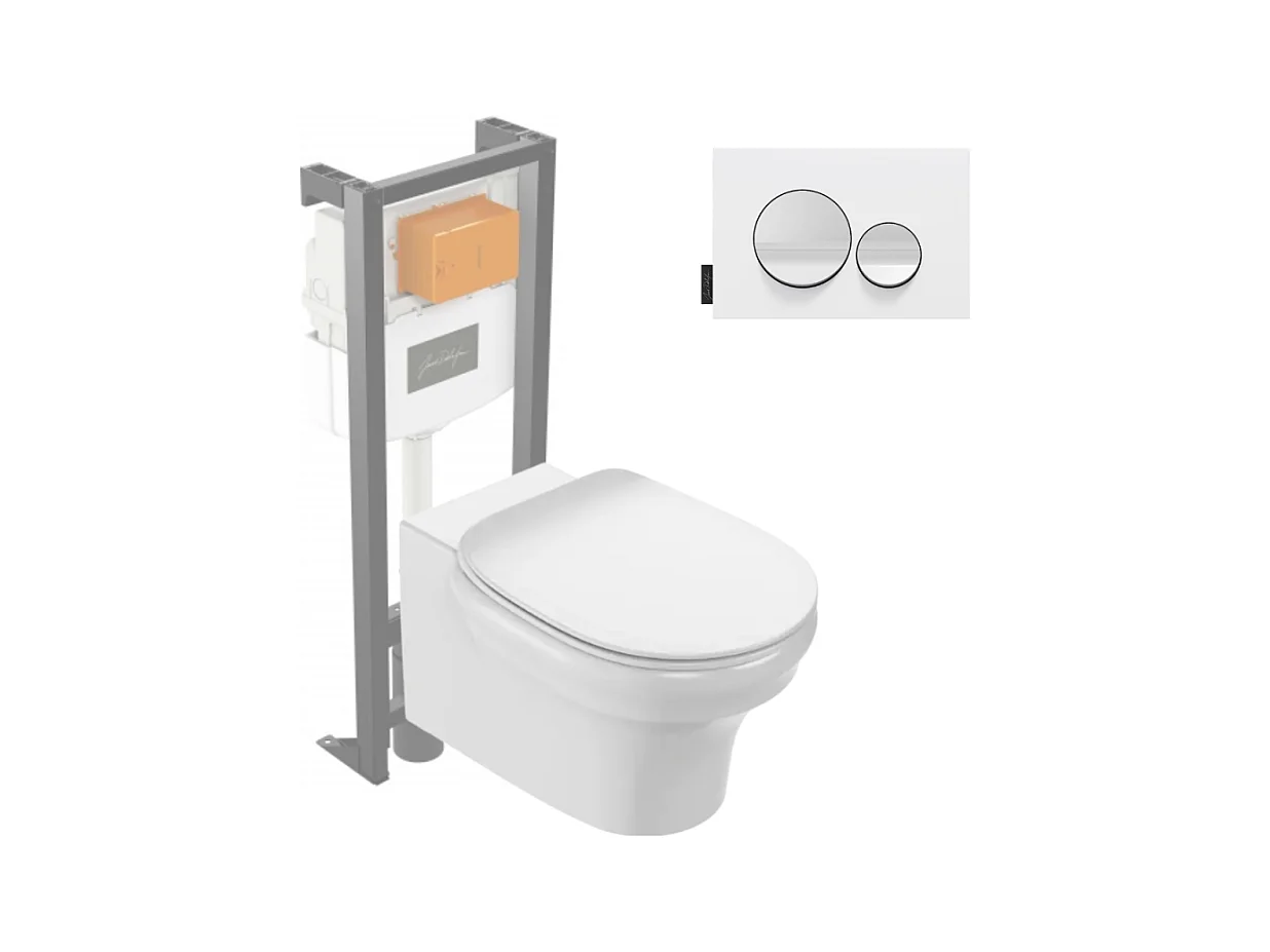 Pack WC suspendu sans bride JACOB DELAFON Cléo 1889 +  abattant + bâti-support + plaque ronde blanche