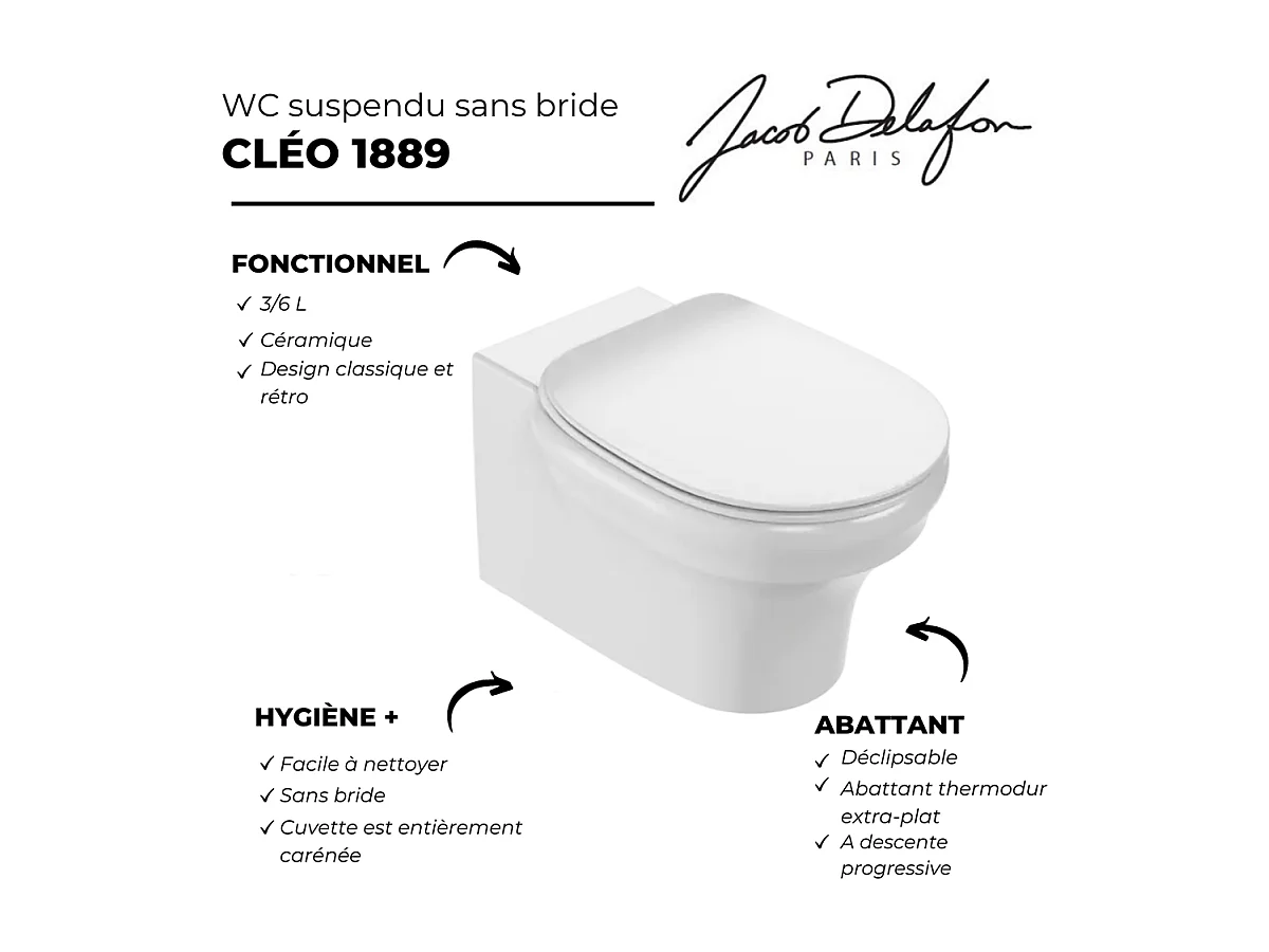 Pack WC suspendu sans bride JACOB DELAFON Cléo 1889 +  abattant + bâti-support + plaque ronde blanche