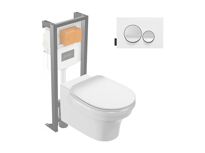 Pack WC suspendu sans bride JACOB DELAFON Cléo 1889 +  abattant + bâti-support + plaque ronde blanche