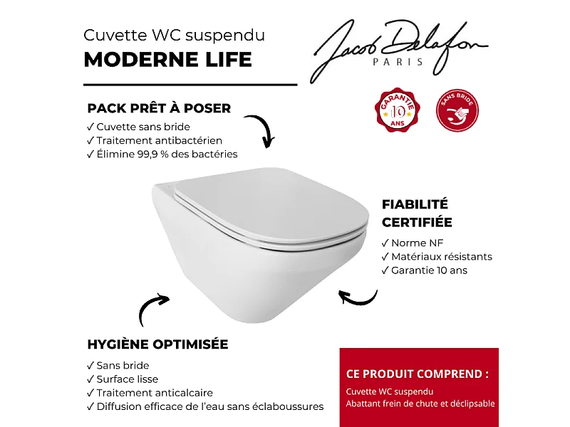 Cuvette WC suspendu sans bride JACOB DELAFON Modern Life avec abattant frein de chute et déclipsable