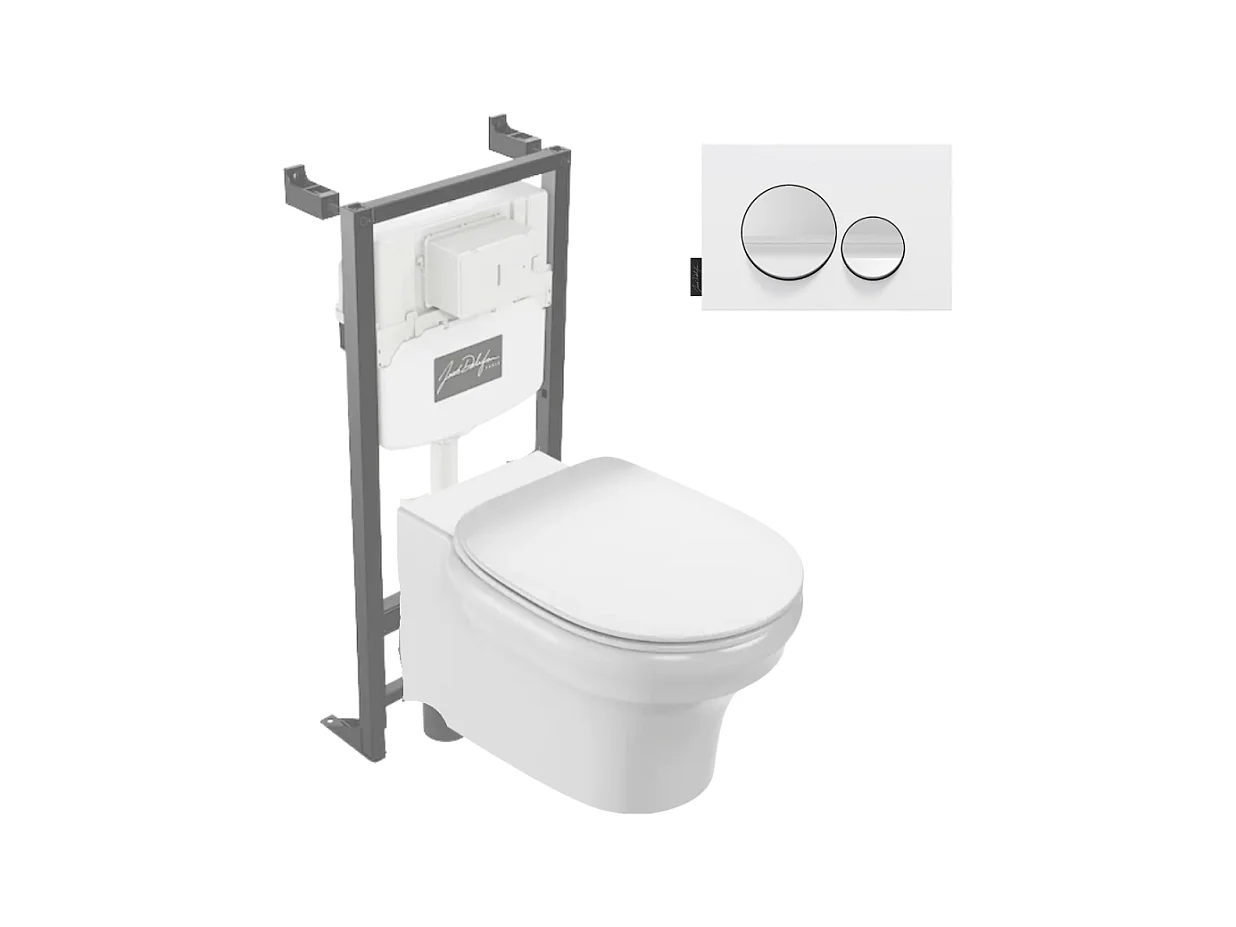 Pack WC suspendu sans bride à économie d'eau JACOB DELAFON Cléo 1889 +  abattant + bâti-support + plaque ronde blanche