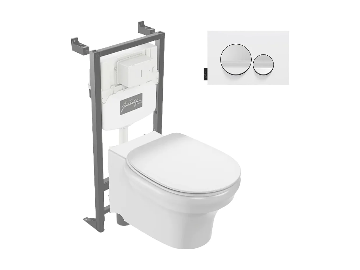 Pack WC suspendu sans bride à économie d'eau JACOB DELAFON Cléo 1889 +  abattant + bâti-support + plaque ronde blanche