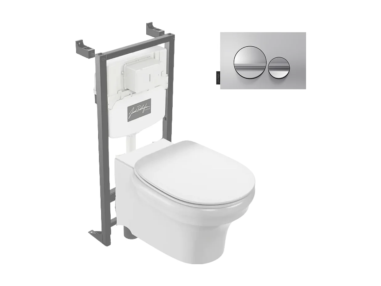 Pack WC suspendu sans bride à économie d'eau JACOB DELAFON Cléo 1889 +  abattant + bâti-support + plaque ronde chromé
