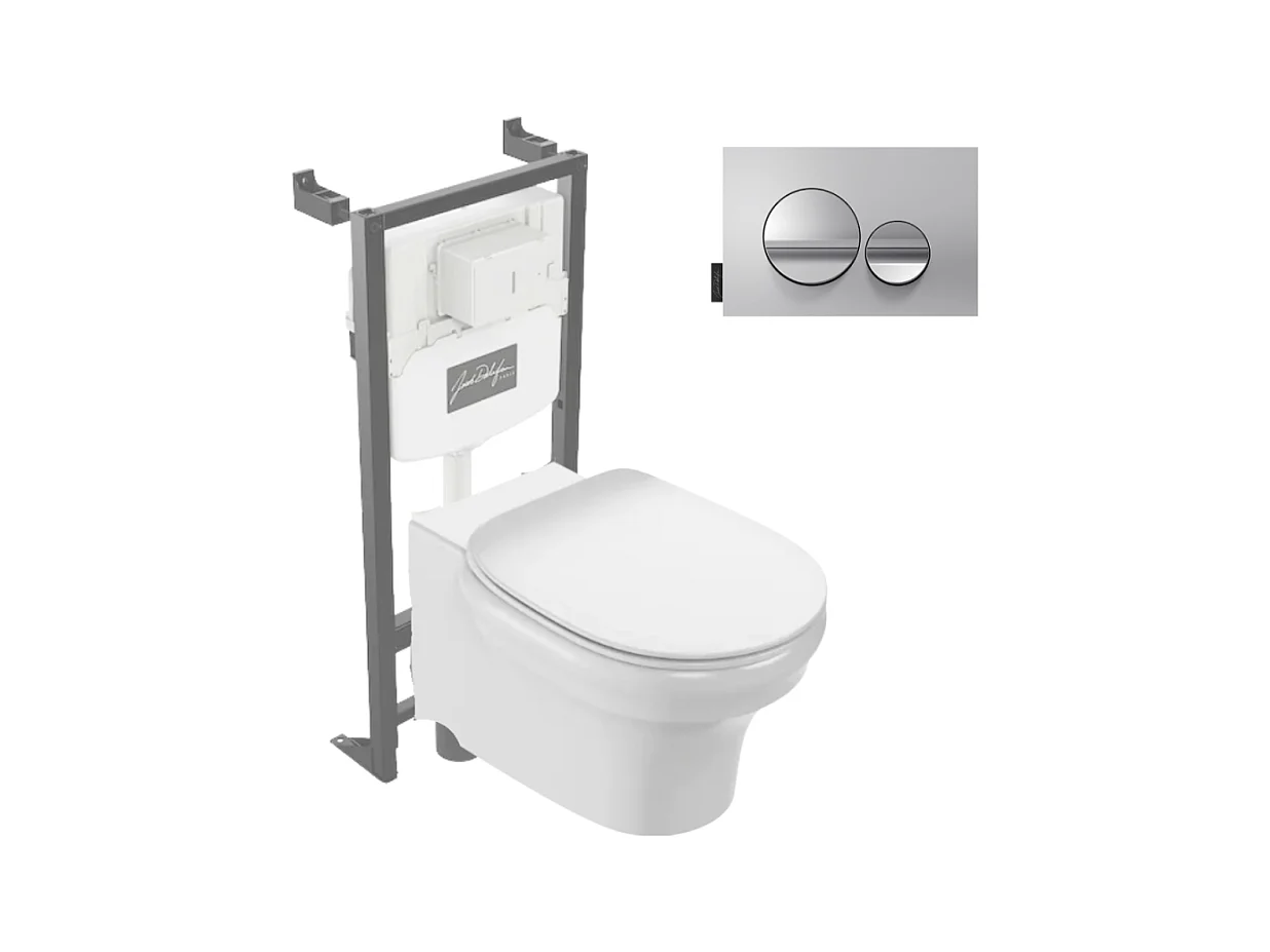 Pack WC suspendu sans bride à économie d'eau JACOB DELAFON Cléo 1889 +  abattant + bâti-support + plaque ronde chromé