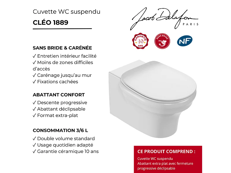 Cuvette WC suspendu sans bride JACOB DELAFON Cléo 1889 avec abattant frein de chute extra-plat déclipsable