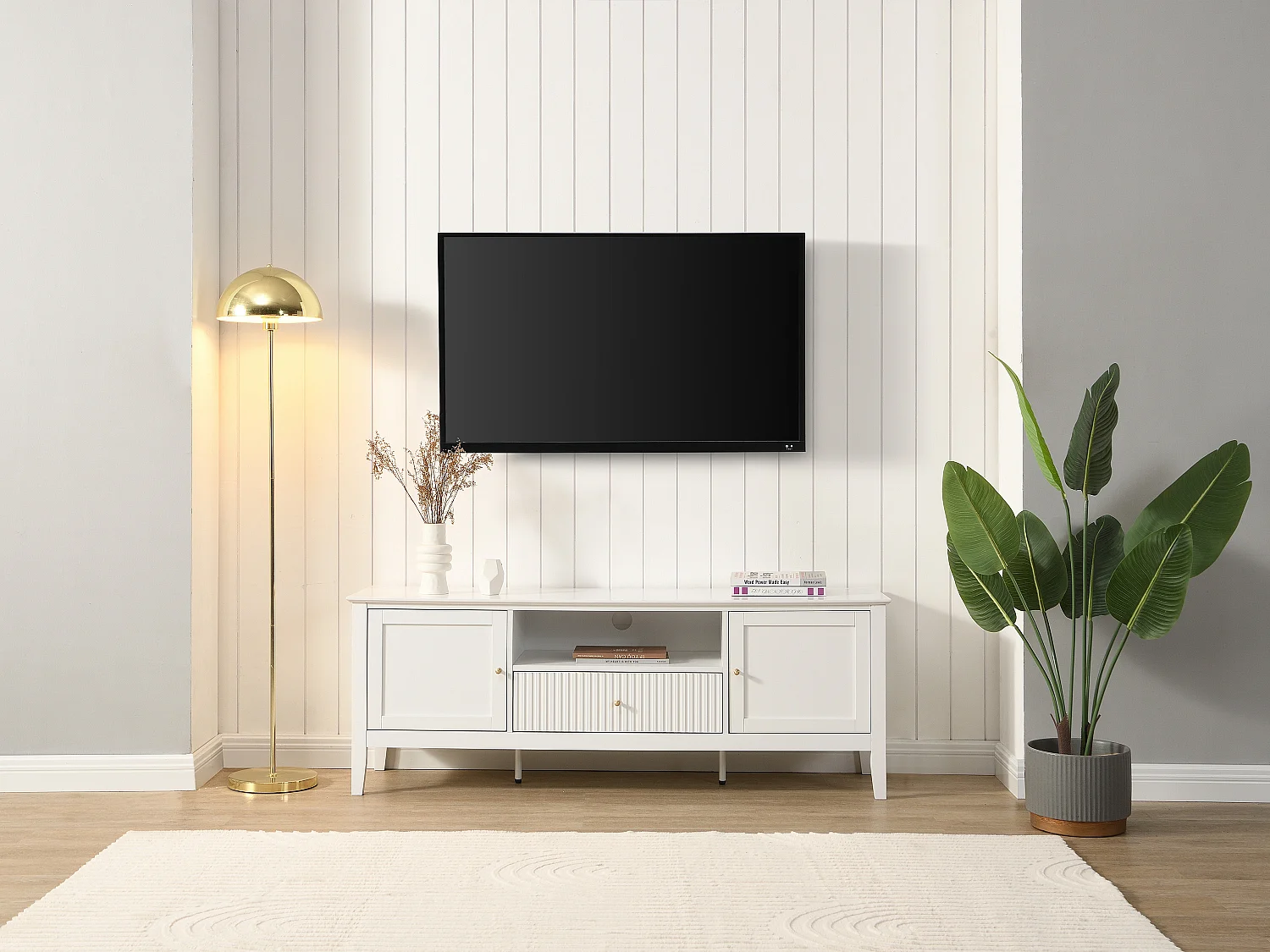 Meuble TV avec 2 portes, 1 tiroir et 1 niche en MDF - Blanc - NARIVA