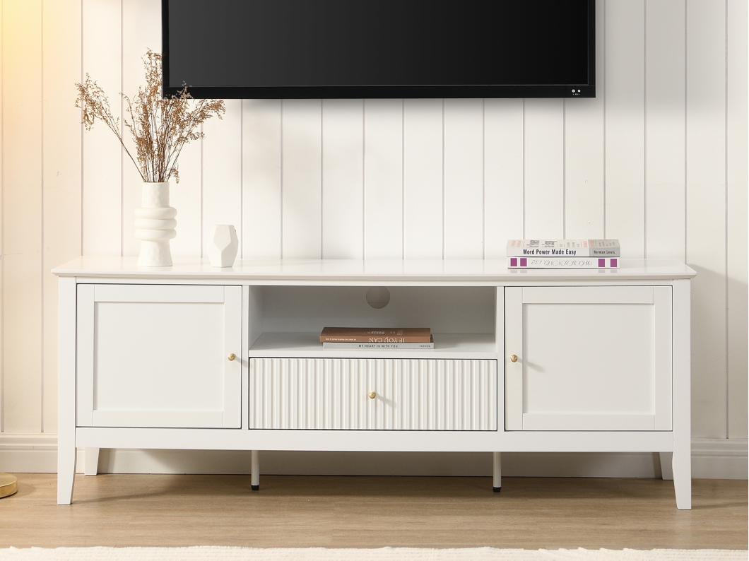 Meuble TV avec 2 portes, 1 tiroir et 1 niche en MDF - Blanc - NARIVA