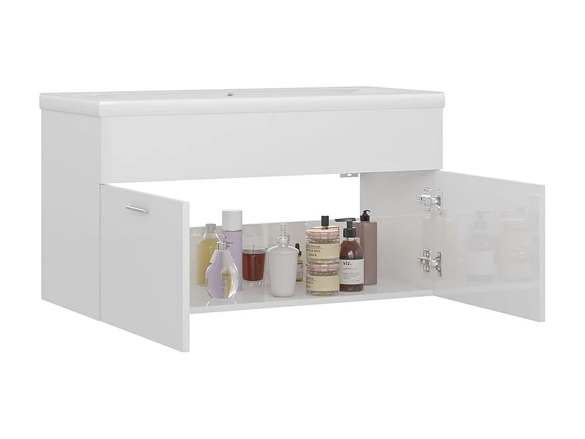 Meuble d'évier+ vasque intégré Blanc brillant Aggloméré WVGQ7932