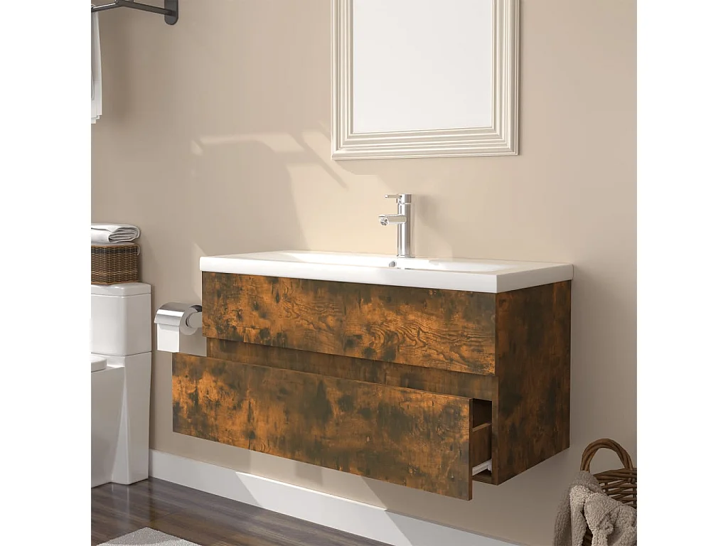 Meuble d'évier+ vasque Chêne fumé Bois d'ingénierie WVGQ9585