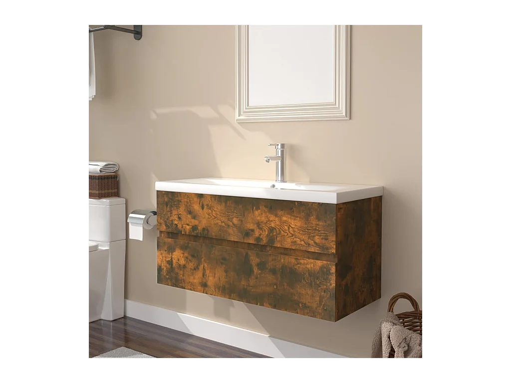 Meuble d'évier+ vasque Chêne fumé Bois d'ingénierie WVGQ9585